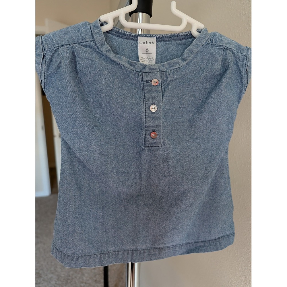 Carters Baby Girls Blue Chambray Denim Henley Cap Sleeve Top 6 Months